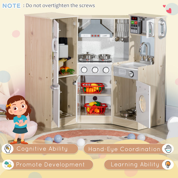 Wooden Corner Play Kitchen Set - Interactive Children’s Pretend Cooking Area with Sound, Light, and Role-Playing Accessories - Ideal for Creative Play and Developing Life Skills