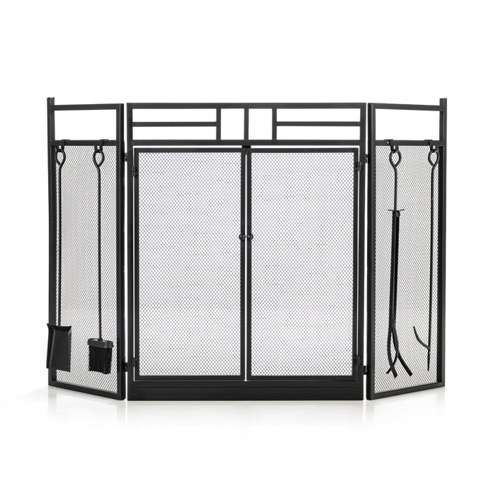 3-Panel Folding Fireplace Screen Set - Black Fireplace Protective Equipment with Tools - Ideal for Safety and Convenience in Fireplace Maintenance