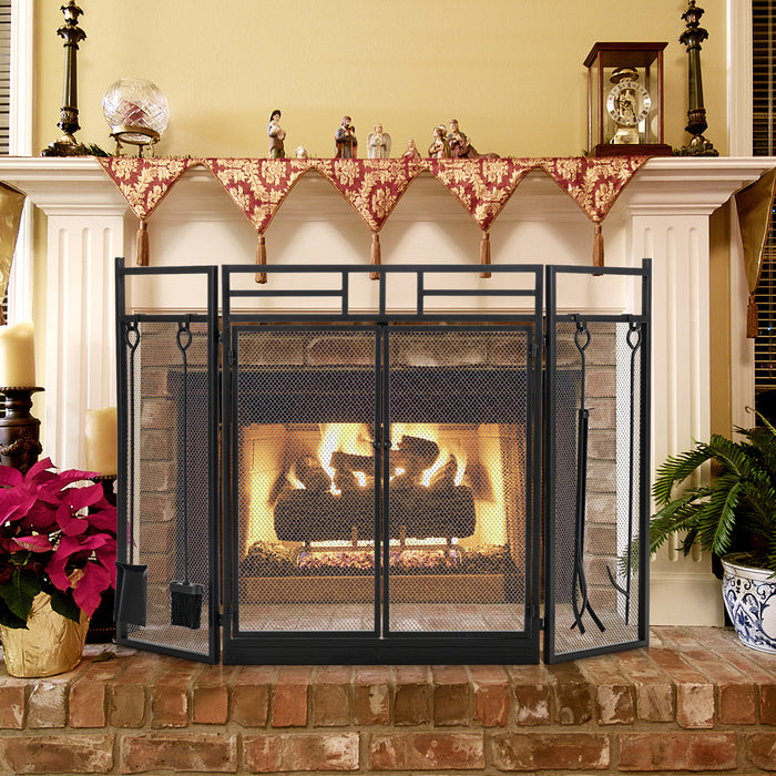 3-Panel Folding Fireplace Screen Set - Black Fireplace Protective Equipment with Tools - Ideal for Safety and Convenience in Fireplace Maintenance
