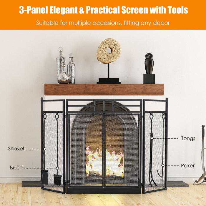 3-Panel Folding Fireplace Screen Set - Black Fireplace Protective Equipment with Tools - Ideal for Safety and Convenience in Fireplace Maintenance