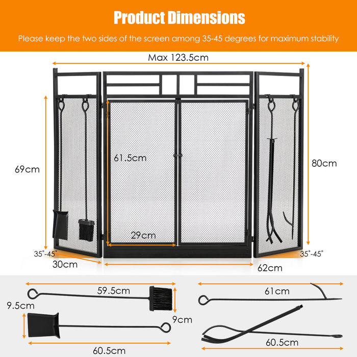 3-Panel Folding Fireplace Screen Set - Black Fireplace Protective Equipment with Tools - Ideal for Safety and Convenience in Fireplace Maintenance