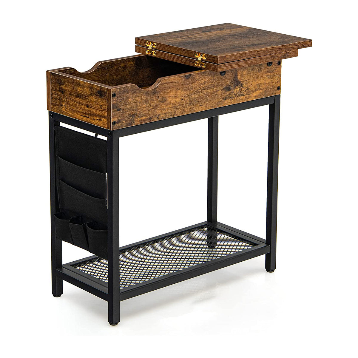 Industrial Slim Sofa Side Table - Charging Station and Flip Top Features - Ideal for Convenient, Space-Saving Living Room Organizing
