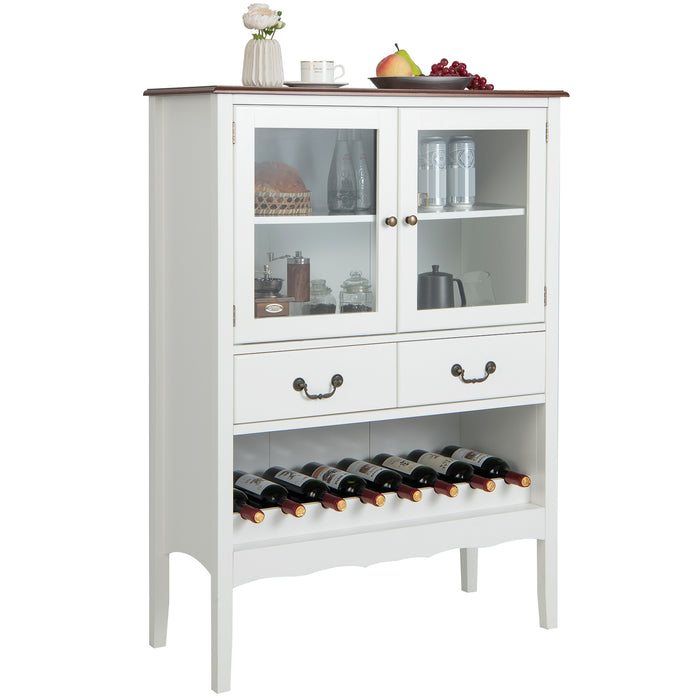Wooden Sideboard - Kitchen Storage with Wine Rack, 2 Glass Doors & Drawers in White - Ideal for Organizing Kitchen Essentials