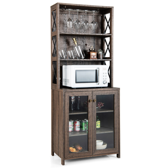Freestanding Tall Bar Cabinet - Brown Wooden Furniture with Spacious Storage - Ideal Solution for Home Bar Organizing