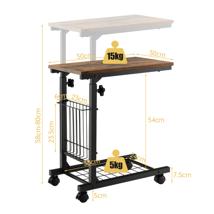 C-Shape Design - Adjustable End Table with Storage Basket in Black - Ideal for Limited Space Areas