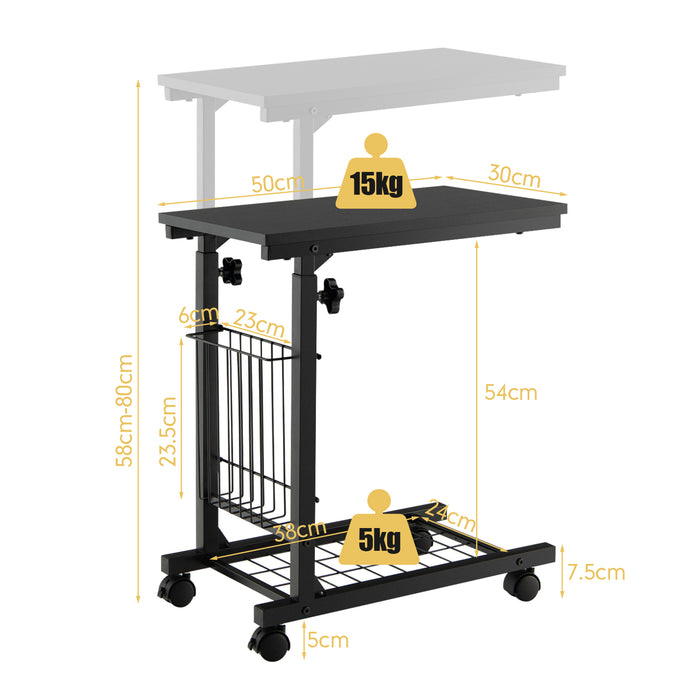 C-Shape Design - Adjustable End Table with Storage Basket in Black - Ideal for Limited Space Areas
