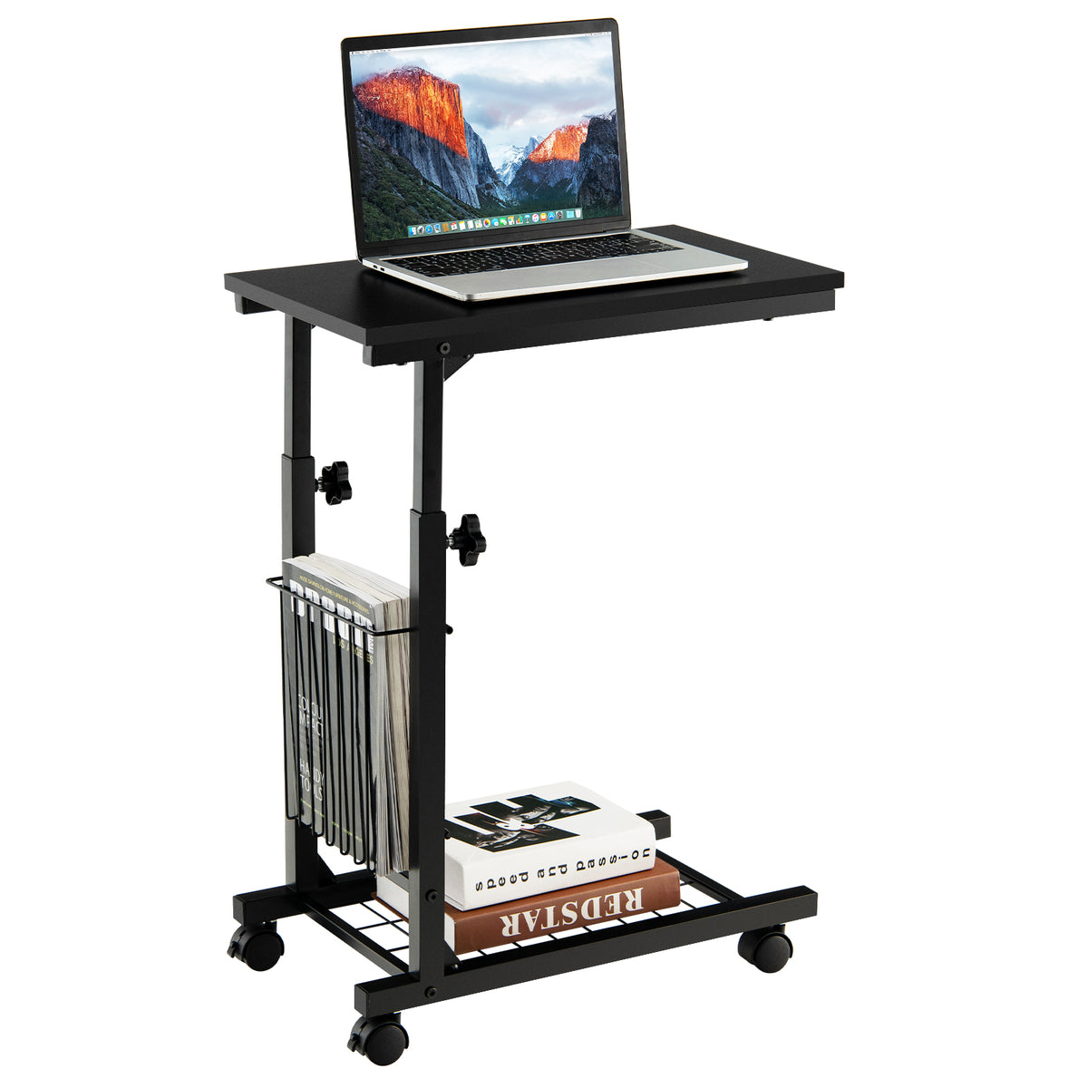 C-Shape Design - Adjustable End Table with Storage Basket in Black - Ideal for Limited Space Areas