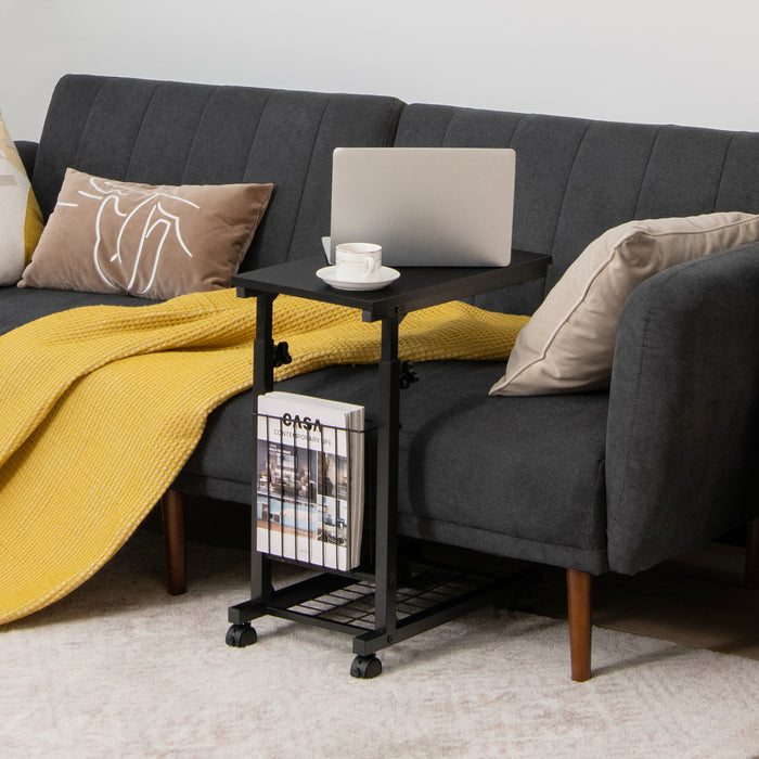 C-Shape Design - Adjustable End Table with Storage Basket in Black - Ideal for Limited Space Areas