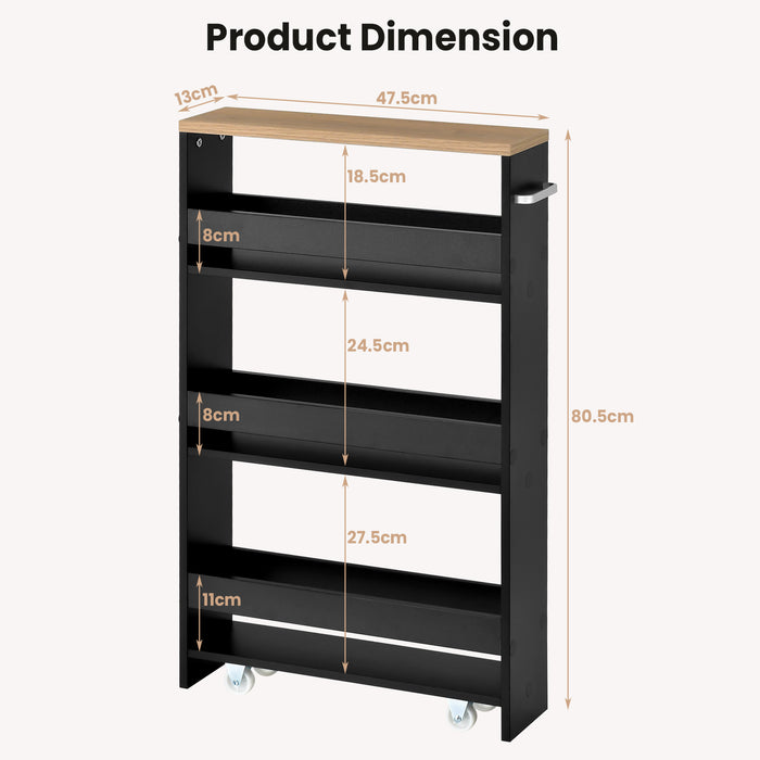 Slim Rolling Storage Trolley - 4-Tier Slide-Out Design for Kitchen and Dining Room Space Saving - Ideal for Small Apartments and Tight Spaces, Grey Finish