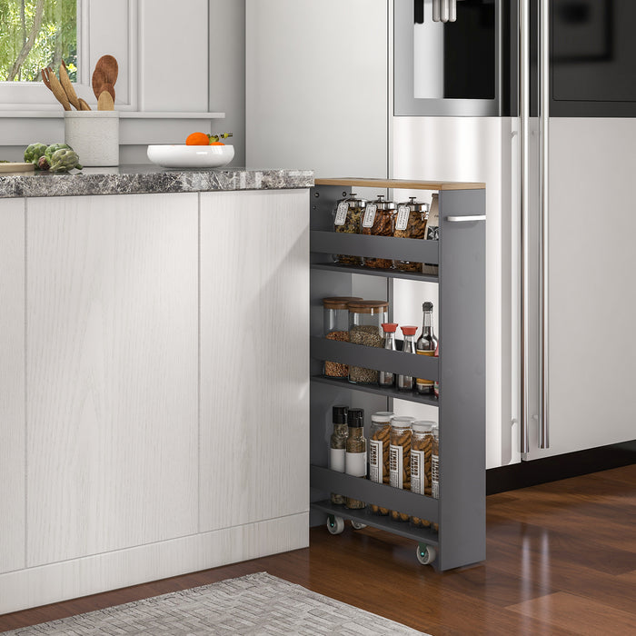 Slim Rolling Storage Trolley - 4-Tier Slide-Out Design for Kitchen and Dining Room Space Saving - Ideal for Small Apartments and Tight Spaces, Grey Finish