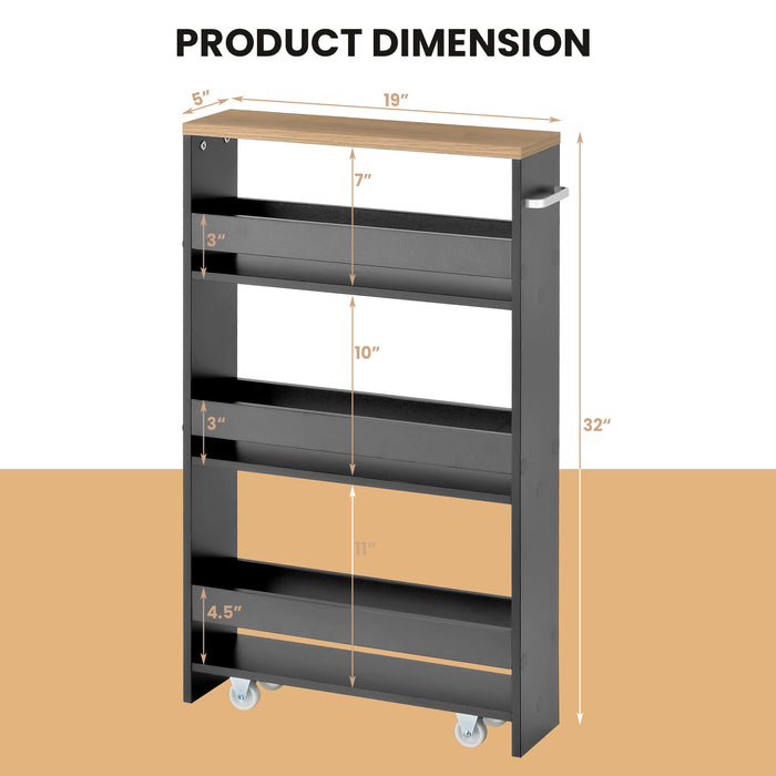 Slim Rolling Storage Trolley - 4-Tier Slide-Out Design for Kitchen and Dining Room Space Saving - Ideal for Small Apartments and Tight Spaces, Grey Finish