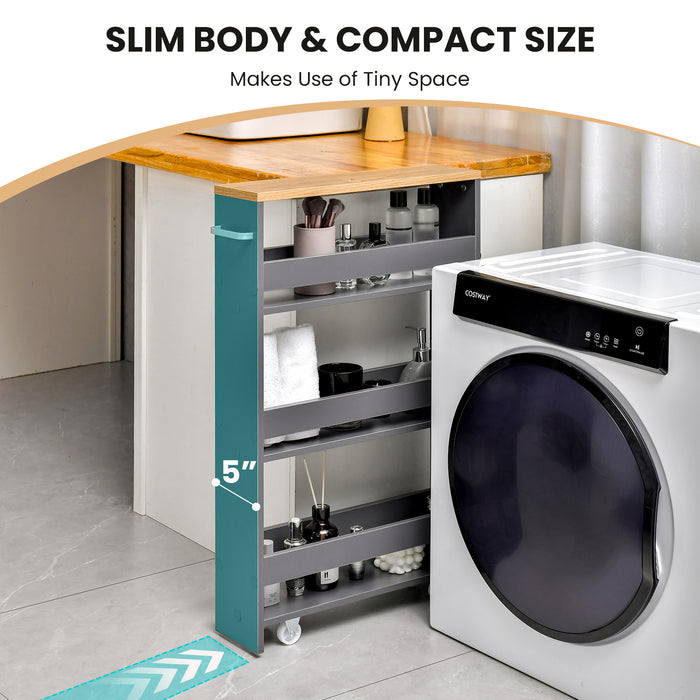 Slim Rolling Storage Trolley - 4-Tier Slide-Out Design for Kitchen and Dining Room Space Saving - Ideal for Small Apartments and Tight Spaces, Grey Finish