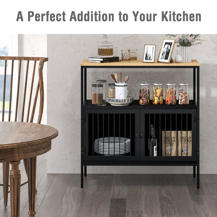 Wooden Crafted Kitchen Sideboard - Freestanding, Two-Doored, Open Shelf Design in Black - Ideal Storage Solution for Home Kitchens