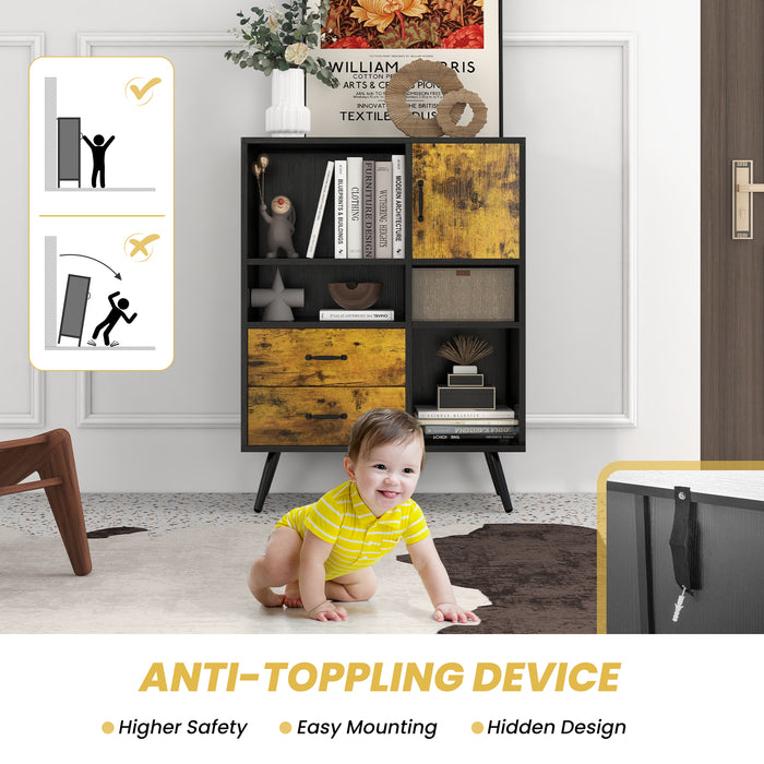 Mid-Century Buffet Sideboard - 2 Drawer, 4 Open Compartments Desgin - Ideal for Extra Kitchen or Dining Room Storage