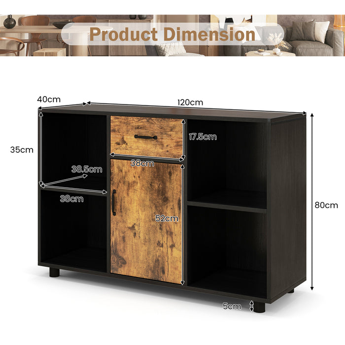 Industrial Door Drawer Sideboard - Buffet Furniture with 4 Open Cubbies in Brown - Ideal for Efficient Storage and Organization