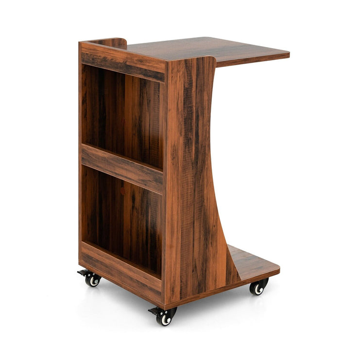 Side Table in C-Shape Design - Built-in Storage Shelf and Rich Brown Finish - Ideal for Compact Space and Stylish Home Decor