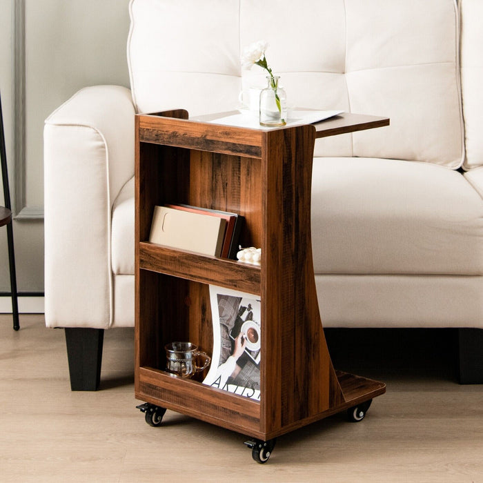 Side Table in C-Shape Design - Built-in Storage Shelf and Rich Brown Finish - Ideal for Compact Space and Stylish Home Decor