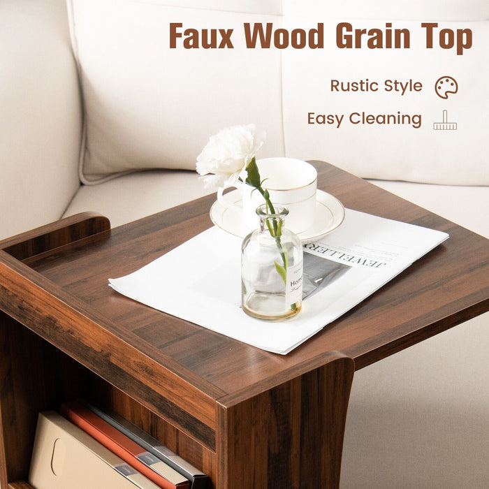 Side Table in C-Shape Design - Built-in Storage Shelf and Rich Brown Finish - Ideal for Compact Space and Stylish Home Decor