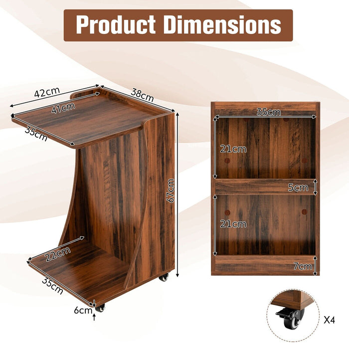 Side Table in C-Shape Design - Built-in Storage Shelf and Rich Brown Finish - Ideal for Compact Space and Stylish Home Decor