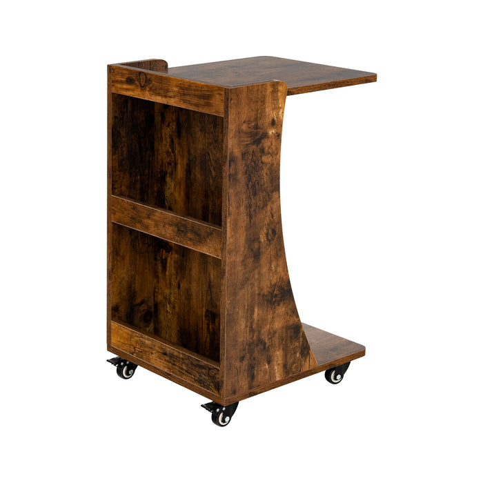 Side Table in C-Shape Design - Built-in Storage Shelf and Rich Brown Finish - Ideal for Compact Space and Stylish Home Decor