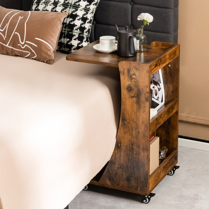 Side Table in C-Shape Design - Built-in Storage Shelf and Rich Brown Finish - Ideal for Compact Space and Stylish Home Decor