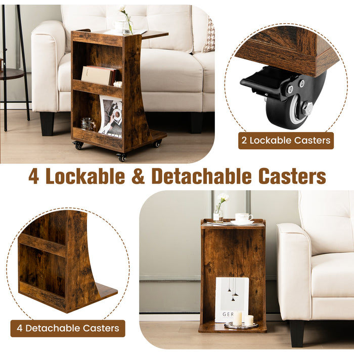 Side Table in C-Shape Design - Built-in Storage Shelf and Rich Brown Finish - Ideal for Compact Space and Stylish Home Decor
