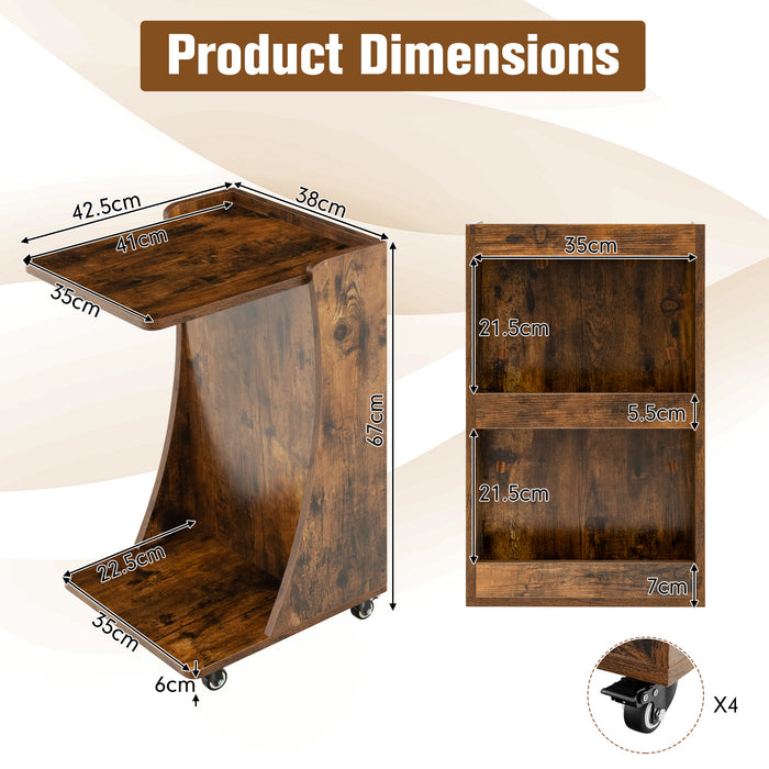 Side Table in C-Shape Design - Built-in Storage Shelf and Rich Brown Finish - Ideal for Compact Space and Stylish Home Decor