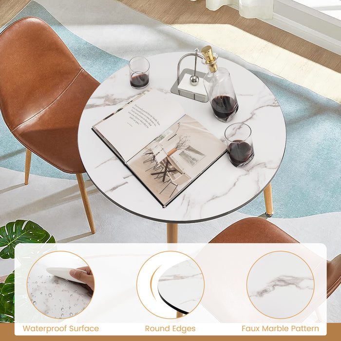 Modern Round Side Table - Faux Marble Pattern Tabletop with Anti-Rust Steel Legs in White - Perfect for Indoor Home Decor and Functional Furniture Needs