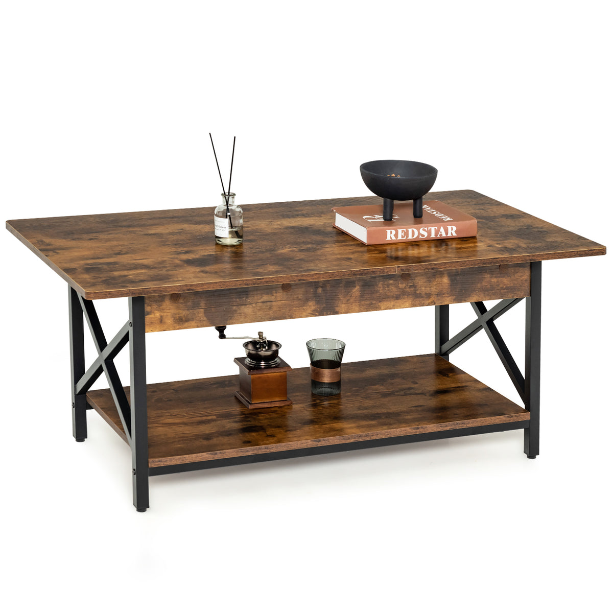 Industrial 2-Tier Coffee Table - Versatile for Living Room, Bedroom, Office in Rustic Brown - Ideal Furniture for Modern Industrial Decor Lovers