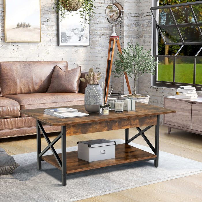 Industrial 2-Tier Coffee Table - Versatile for Living Room, Bedroom, Office in Rustic Brown - Ideal Furniture for Modern Industrial Decor Lovers