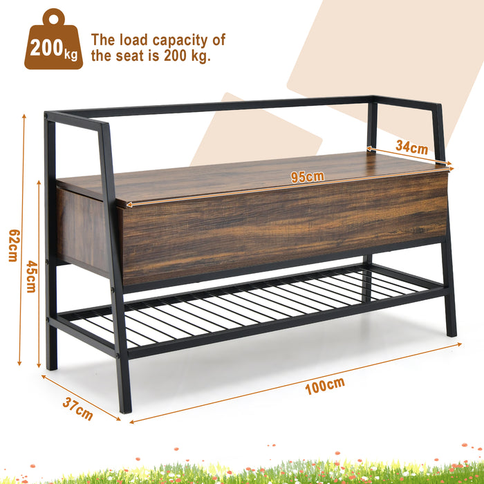 Rustic Brown Industrial Shoe Bench - Versatile Furniture with Hidden Compartment, Ideal for Hallways - Perfect Home Organization Solution