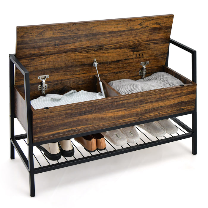 Rustic Brown Industrial Shoe Bench - Versatile Furniture with Hidden Compartment, Ideal for Hallways - Perfect Home Organization Solution