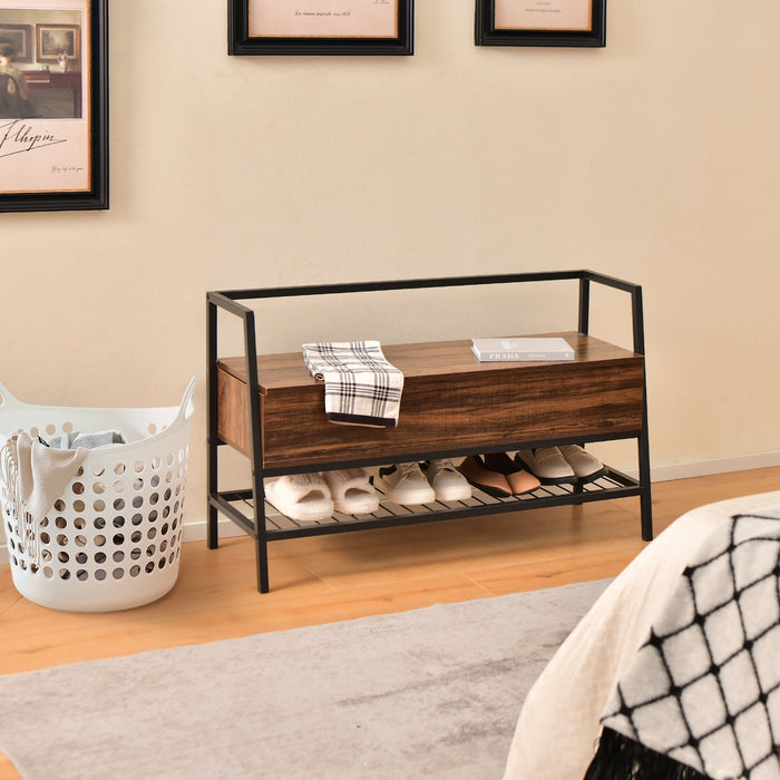 Rustic Brown Industrial Shoe Bench - Versatile Furniture with Hidden Compartment, Ideal for Hallways - Perfect Home Organization Solution