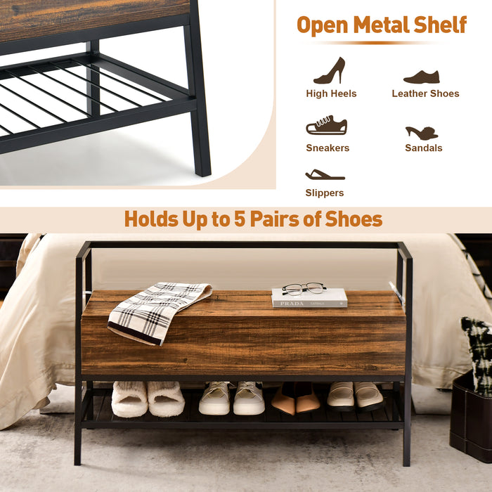 Rustic Brown Industrial Shoe Bench - Versatile Furniture with Hidden Compartment, Ideal for Hallways - Perfect Home Organization Solution