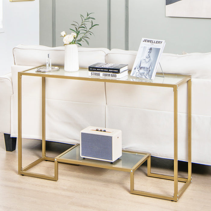 Golden Entryway Hallway Table with Anti-Tipping Kit - Tempered Glass Shelves, Elegance for Home Decor - Ideal for Safe and Stylish Space Utilization