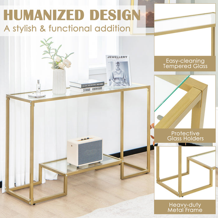Golden Entryway Hallway Table with Anti-Tipping Kit - Tempered Glass Shelves, Elegance for Home Decor - Ideal for Safe and Stylish Space Utilization