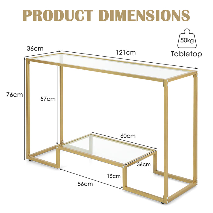Golden Entryway Hallway Table with Anti-Tipping Kit - Tempered Glass Shelves, Elegance for Home Decor - Ideal for Safe and Stylish Space Utilization