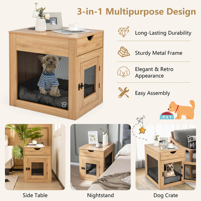 Wooden Dog Crate - Compact Design with Built-in Wireless Charger, Ideal for Small Dogs - Solves Space and Charging Issues in Style, Brown Finish