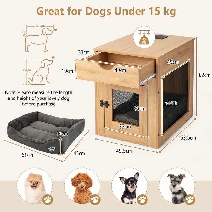 Wooden Dog Crate - Compact Design with Built-in Wireless Charger, Ideal for Small Dogs - Solves Space and Charging Issues in Style, Brown Finish