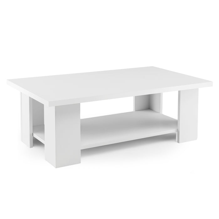 Wooden White Coffee Table 2-Tier - Table with Storage Shelf and 5 Support Legs - Ideal for Spacious, Organized Living Room Spaces