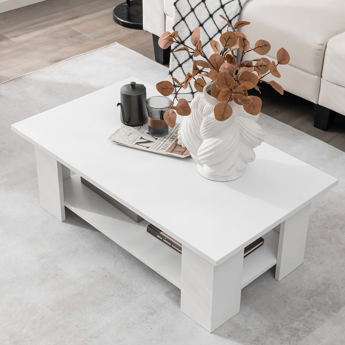Wooden White Coffee Table 2-Tier - Table with Storage Shelf and 5 Support Legs - Ideal for Spacious, Organized Living Room Spaces