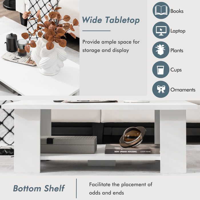 Wooden White Coffee Table 2-Tier - Table with Storage Shelf and 5 Support Legs - Ideal for Spacious, Organized Living Room Spaces