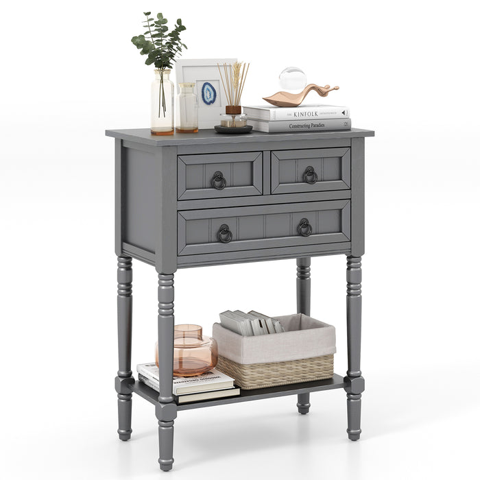 Console Table With Storage - Narrow Profile, 3 Drawers, Open Bottom Shelf - Ideal for Small Spaces and Organization Needs