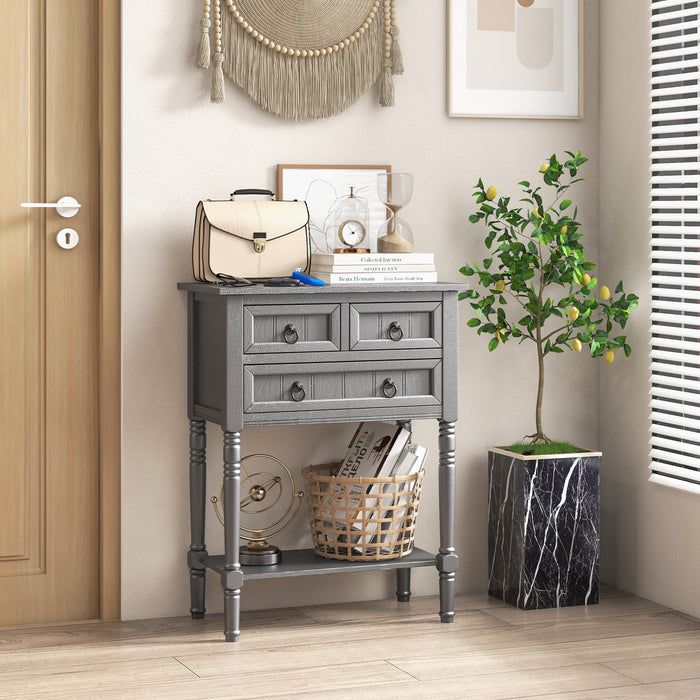 Console Table With Storage - Narrow Profile, 3 Drawers, Open Bottom Shelf - Ideal for Small Spaces and Organization Needs