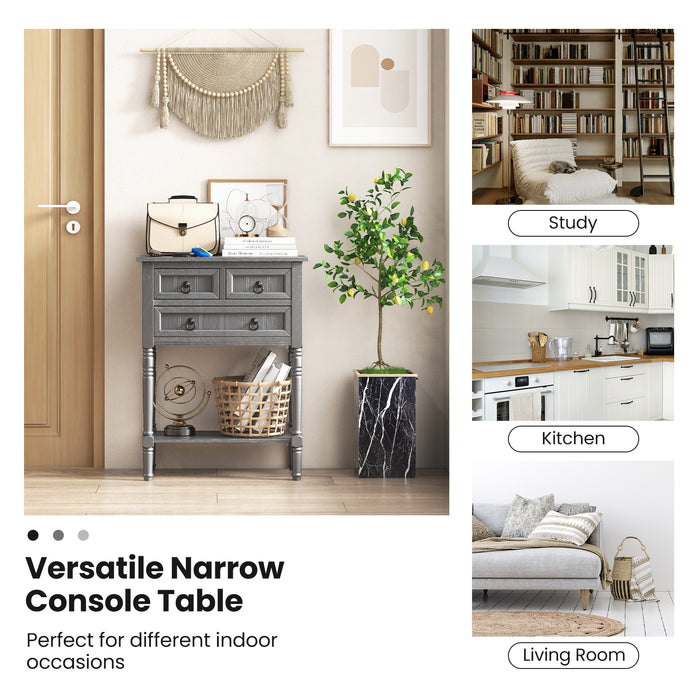 Console Table With Storage - Narrow Profile, 3 Drawers, Open Bottom Shelf - Ideal for Small Spaces and Organization Needs