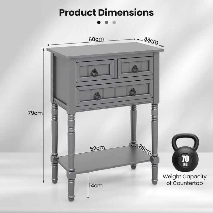 Console Table With Storage - Narrow Profile, 3 Drawers, Open Bottom Shelf - Ideal for Small Spaces and Organization Needs