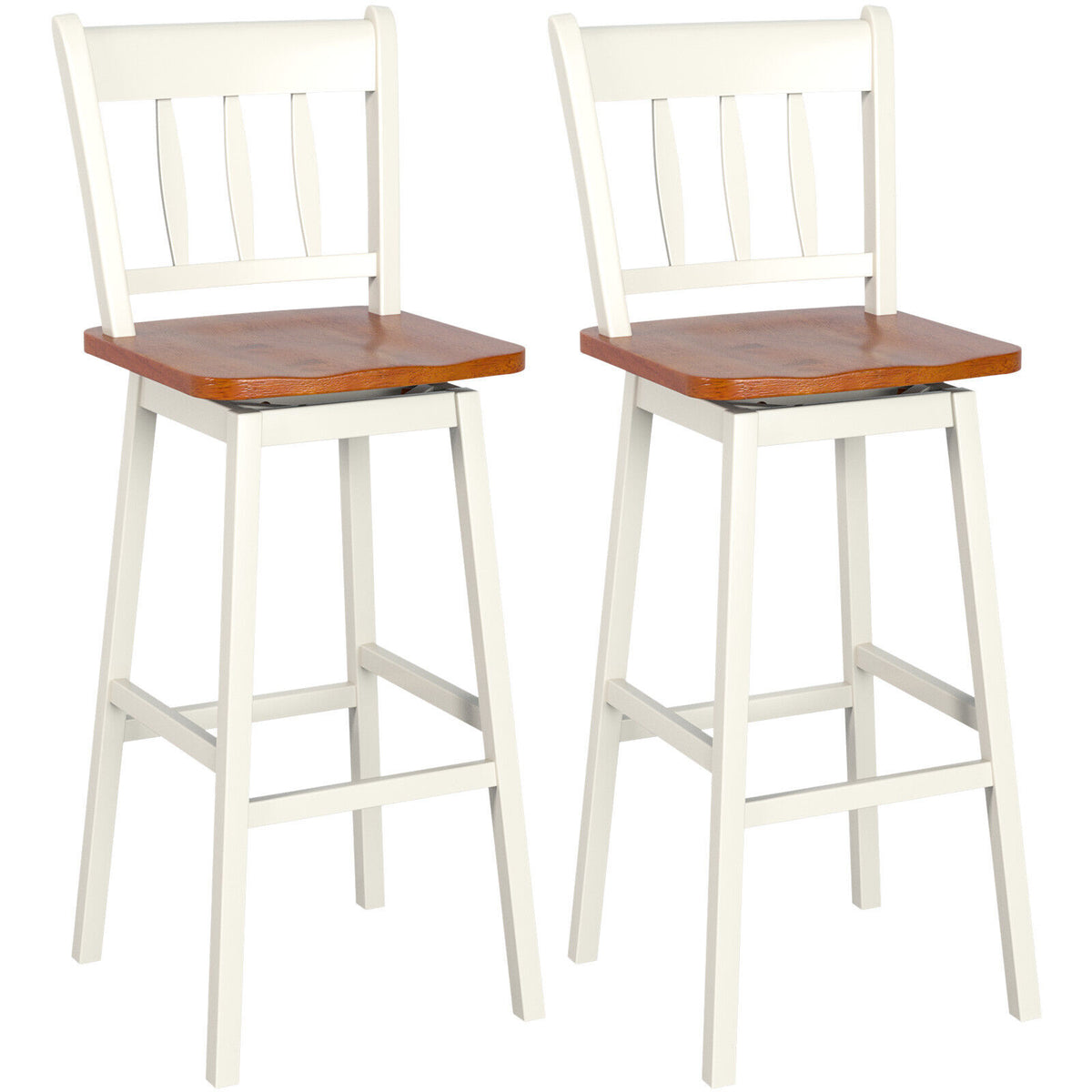 Rubber Wood Set of 2 Stools - Swivel Bar Seating with Backrest and Footrest, Cream Finish - Perfect for Home Bar or Kitchen Counter Comfort