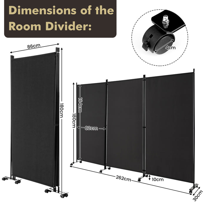 3-Panel Folding Divider - Mobile Room Partition with Wheels, Ideal for Living Room & Bedroom - Perfect Solution for Space Separation in Black Finish