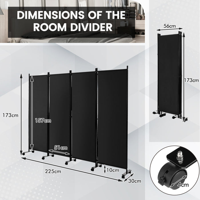 4-Panel Folding Room Divider - Wheeled Separator for Living Room, Bedroom in Black - Ideal for Space Management and Privacy Enhancement
