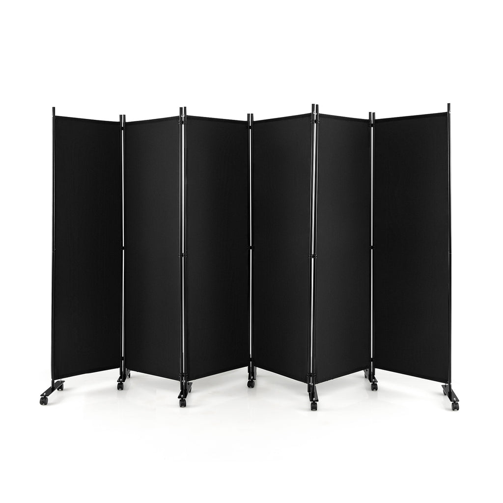 Panel Room Divider - 6-Panel Mobile Divider in Sleek Black - Versatile Partition Solution on Wheels